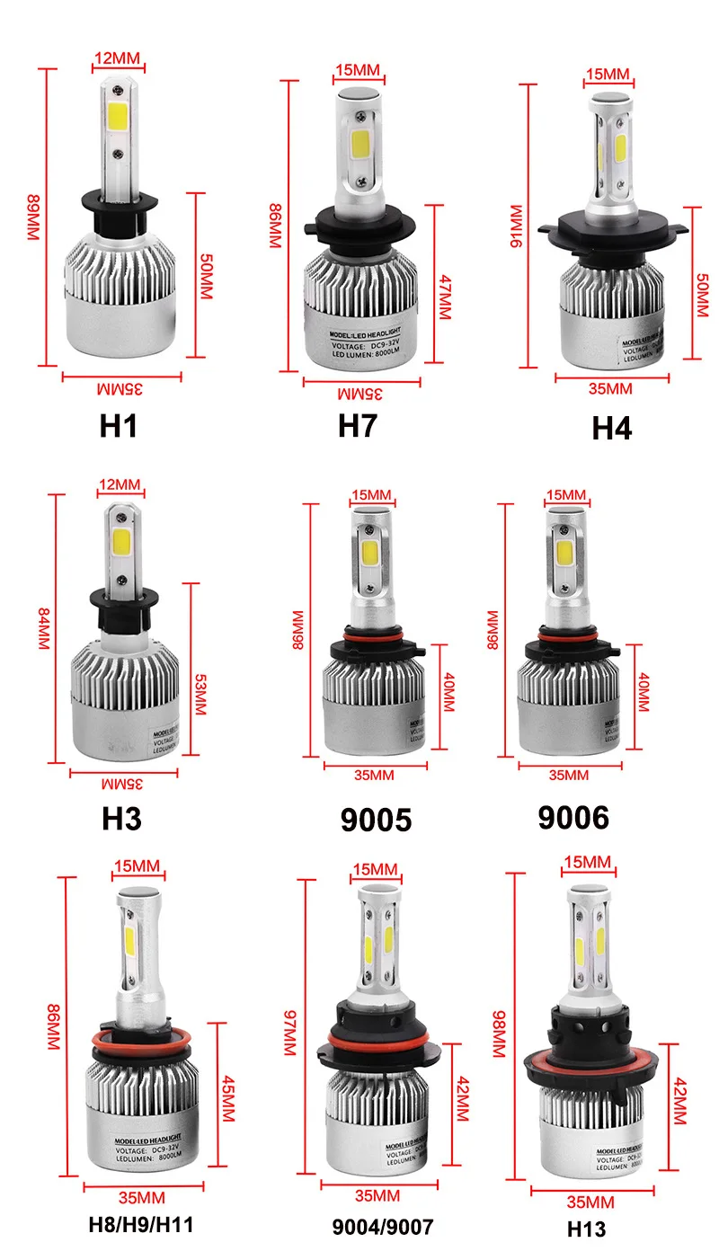 2 шт. S2 12 В автомобилей фар автомобиля H4 LED H7 H1 H3 H11 H13 9003 9004 9005 9006 9007 72 Вт 8000LM авто фары