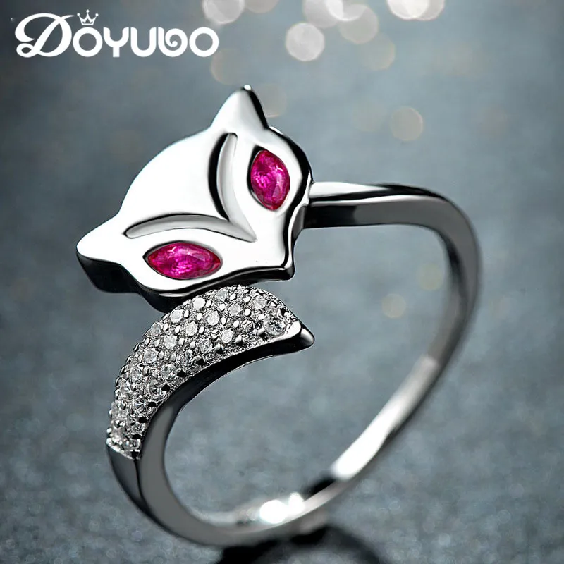 DOYUBO Для женщин 925 пробы Серебряные кольца из Фокс головы Форма роза красная CZ