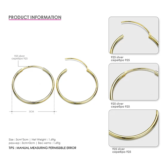 30mm Gold CC 925 Чистое серебро, серьги-кольца для женщин 15 мм-70 мм, круглые классические большие серьги в деловом стиле, простые трендовые ювелирные изделия CCE529 - Окраска металла: 30mm Gold