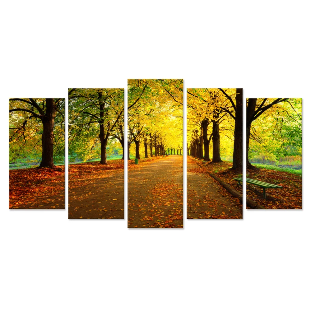 Large 5 Pieces Autumn Forest Canvas Wall Art Yellow Trees in City Park With Empty Bench Sun Light Fall Season Landscape Picture | Дом и сад
