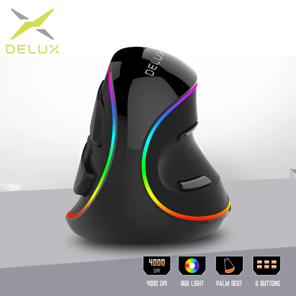 

Delux M618Plus RGB Ergonomic Vertical Mouse 6 Buttons 4000 DPI Optical Computer Mice With Removable Palm Rest For PC Laptop