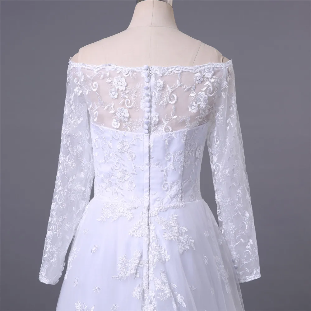 

Lace Vestido De Noiva Muslim Wedding Dresses A-line Boat Neck Long Sleeves Appliques Cheap Boho Wedding Gown Bridal Dresses