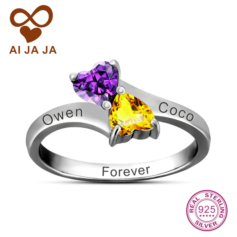 Кольцо-обещание AIJAJA из стерлингового серебра 925 с персонализированным бесконечным символом любви, двумя сердцами и гравировкой имени, в подарочной коробке бесплатно.