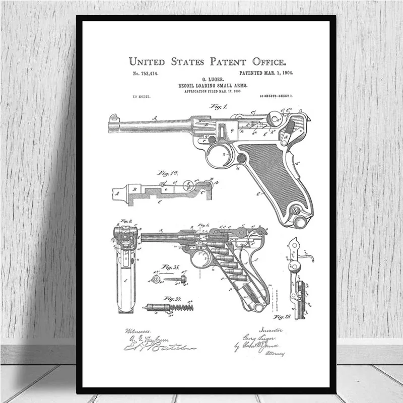 Постер и принты Luger Pistol патентная схема пистолета Современная живопись художественная живопись настенные картины для гостиной домашний декор