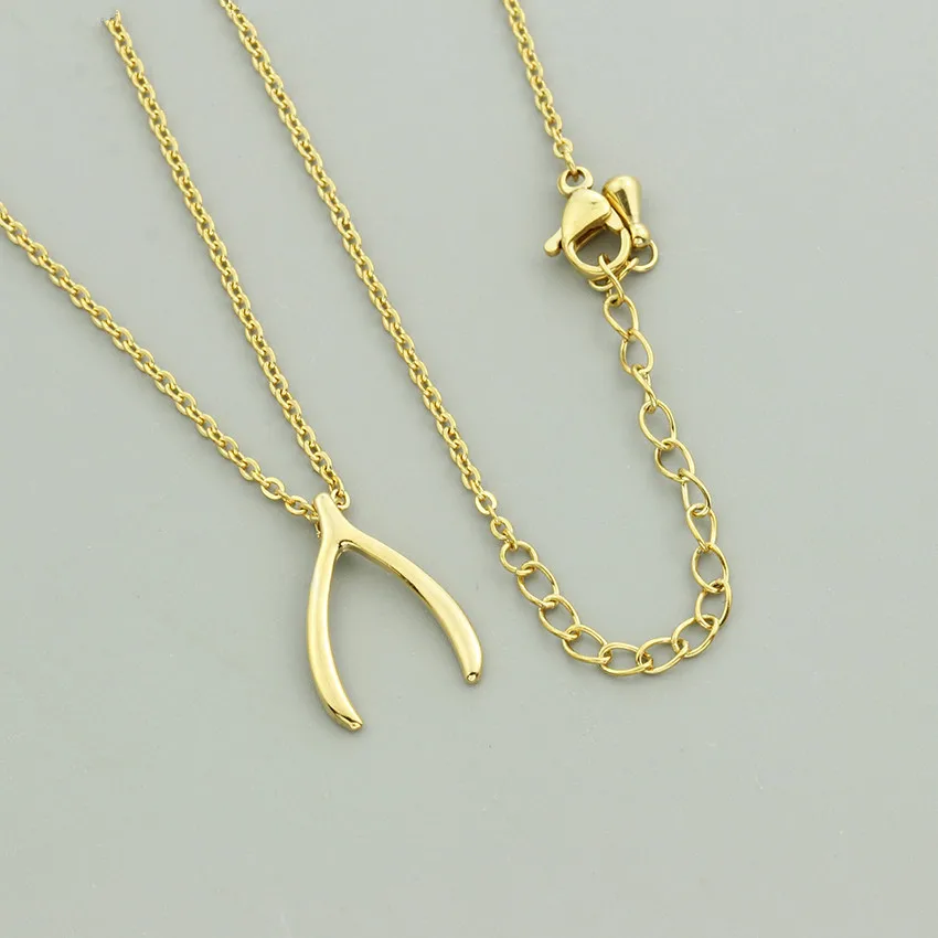 V Attract Small Wishbone Slide Pendant Necklace for Women Copper Jewelry Gold Stainless Steel Chain Collier |