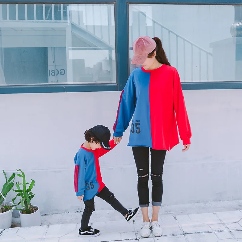 Детская одежда Одежда для мамы и сына 2018 Осенняя свободная футболка из хлопка с