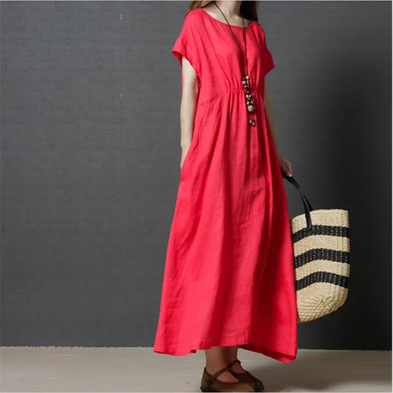 

Cotton And Linen Dress Solid 4 Color Pleated Comfortable Short Sleeves Loose Casual Women Summer And Spring