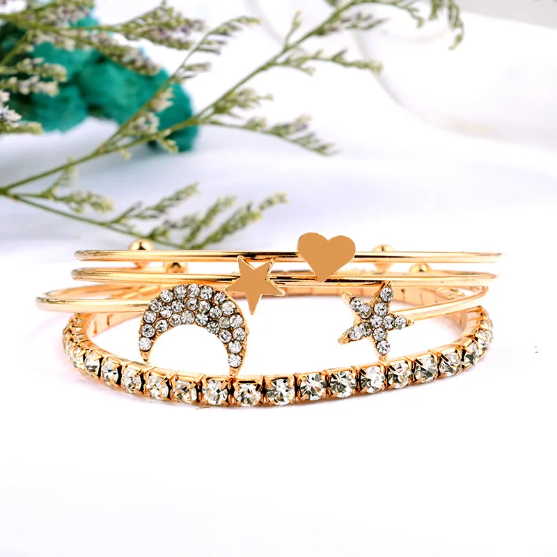 4 Pcs/set Simple Moon Star Heart Crystal Bracelet Party Jewelry Accessories For Women New Bangle | Украшения и аксессуары