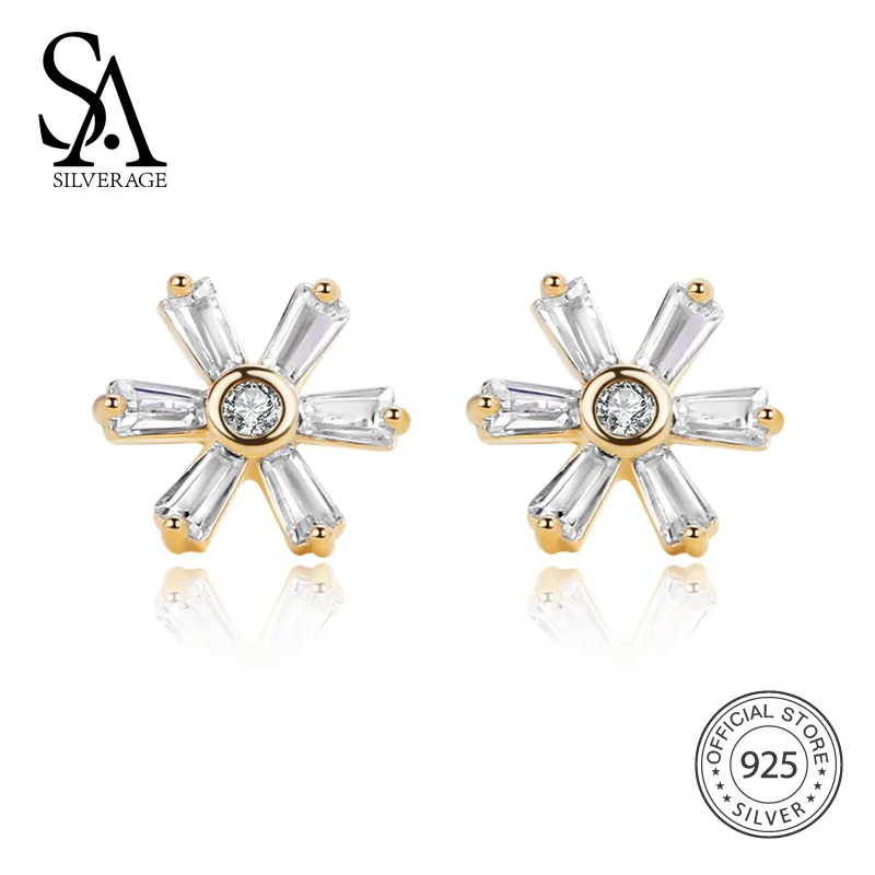 SA SILVERAGE 925 Sterling Silver Flower Stud Earrings For Women Gemstone 18K Gold Color | Украшения и аксессуары