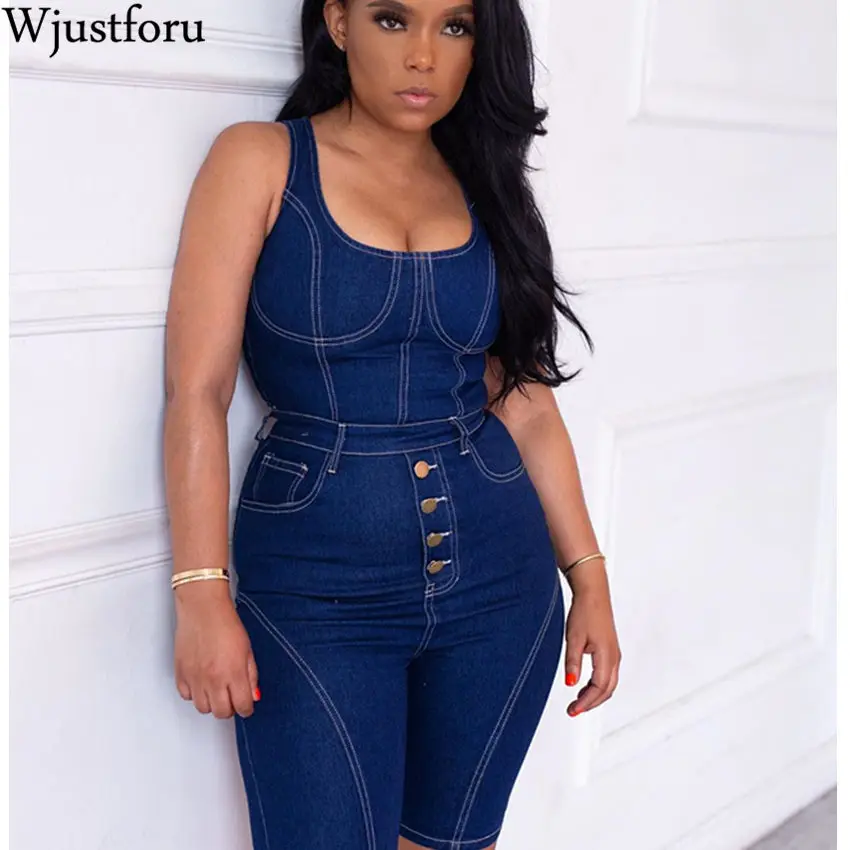 Wjustforu Summer Denim Jumpsuit For Women Turn Down Collar Buttons Up Short Playsuit Casual Pockets Hollow Out Party | Женская одежда