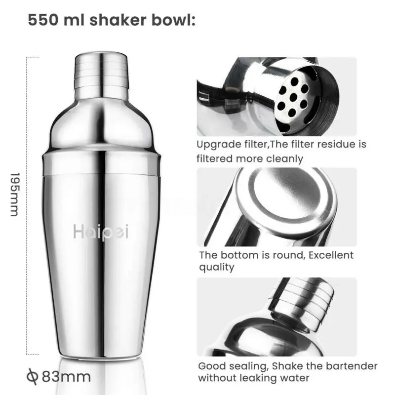 22Pcs/Set Stainless Steel Cocktail Shaker Set Drinks Strainer Bottle Opener Maker Mixer Spoon Measure Cup Bar Beginner Tool Kit