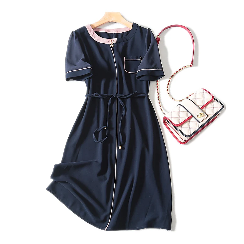 Женские платья до колена с коротким рукавом и поясом а-силуэта о-образной