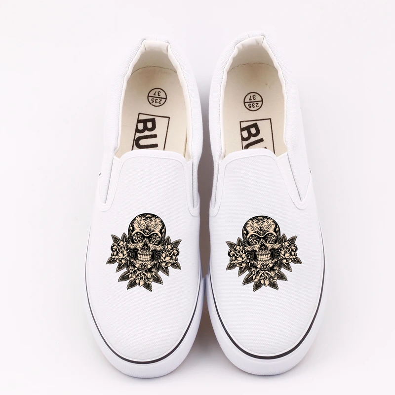 E-LOV Low Top Men Flat Canvas Shoes Graffiti Skeleton Head Cool Slip On Loafers Print Skull Tenis Espadrilles | Обувь