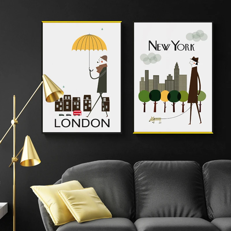 Nordic Cartoon City New York Wall Art Canvas Posters and Prints Modern Minimalist Painting Decorative Picture for Living Room | Дом и сад