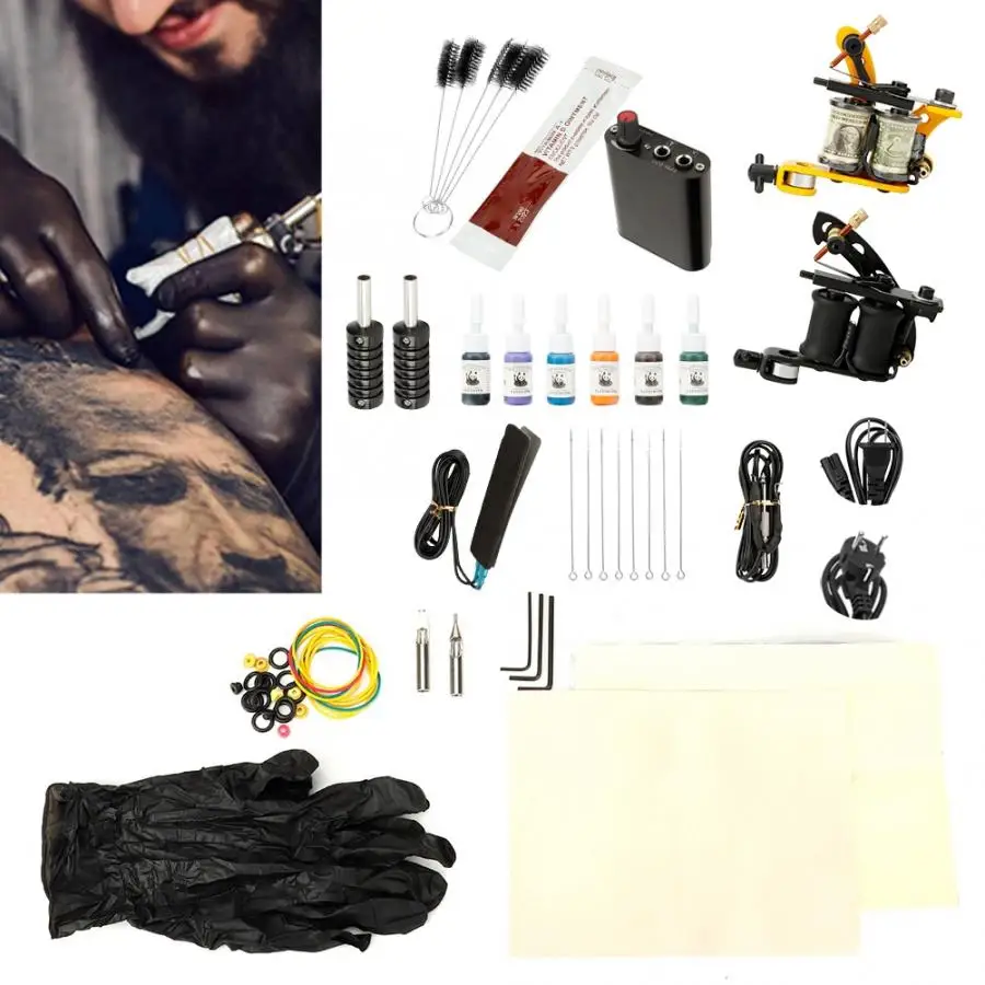 Полный набор для татуировок начинающих блок питания чернила тату-иглы машинка