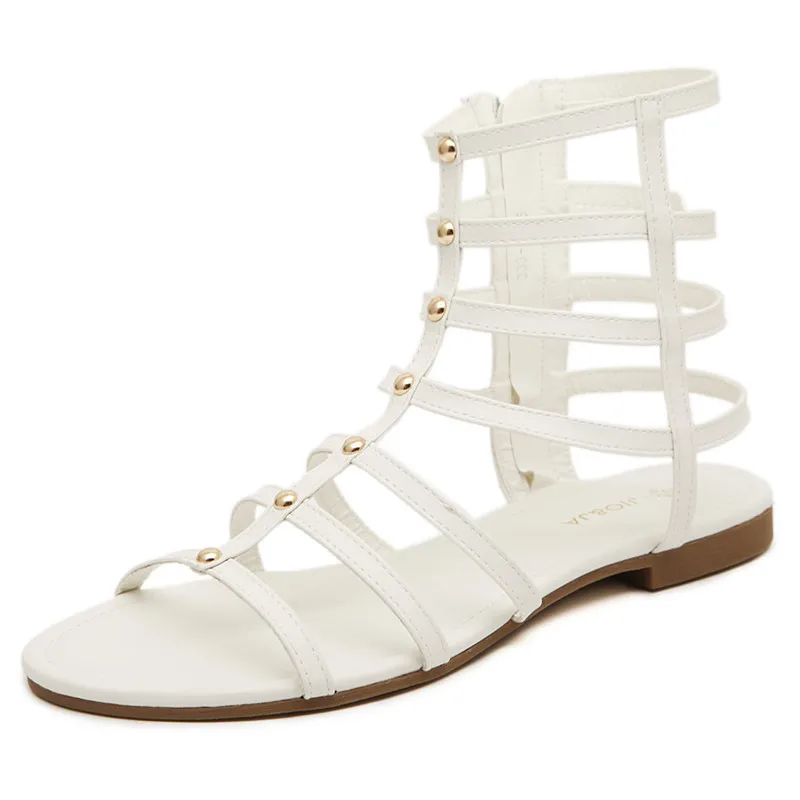 2015 Лето Плоским Гладиатор Сандалии Женщины Колено Высокие Гладиаторов Рим