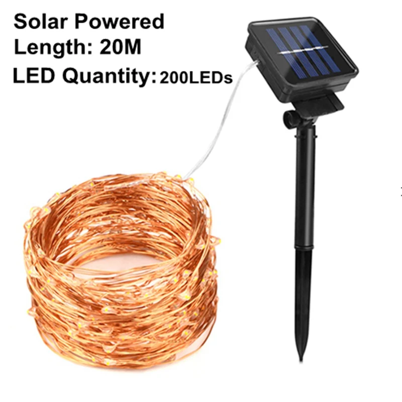 20M Solar Powered Гирлянда, медный провод, светодиодный светильник для кухни, 2 м, 5 м, 10 м, 20 м, батарея/перезаряжаемый, светодиодный, сказочный светильник, домашний декор, светильник - Цвет: 20M Solar Powered