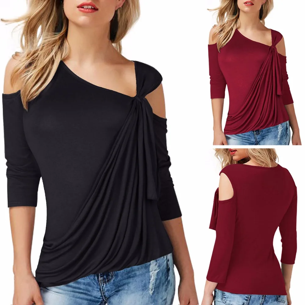 Женские Асимметричные футболки с открытыми плечами черные/винно красные