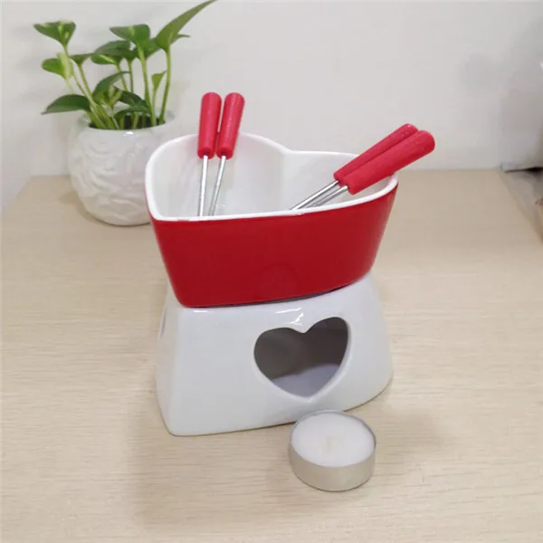 red and white bowl Красное сердце форма тонкий фарфоровый набор для шоколадного фондю, Красный Романтический сыр плавления фондю - Цвет: red and white bowl