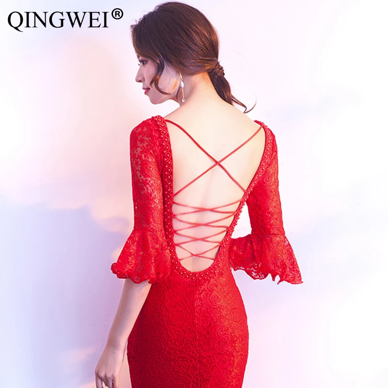 Женское платье с v образным вырезом QINGWEI красное голубое белое открытой спиной и