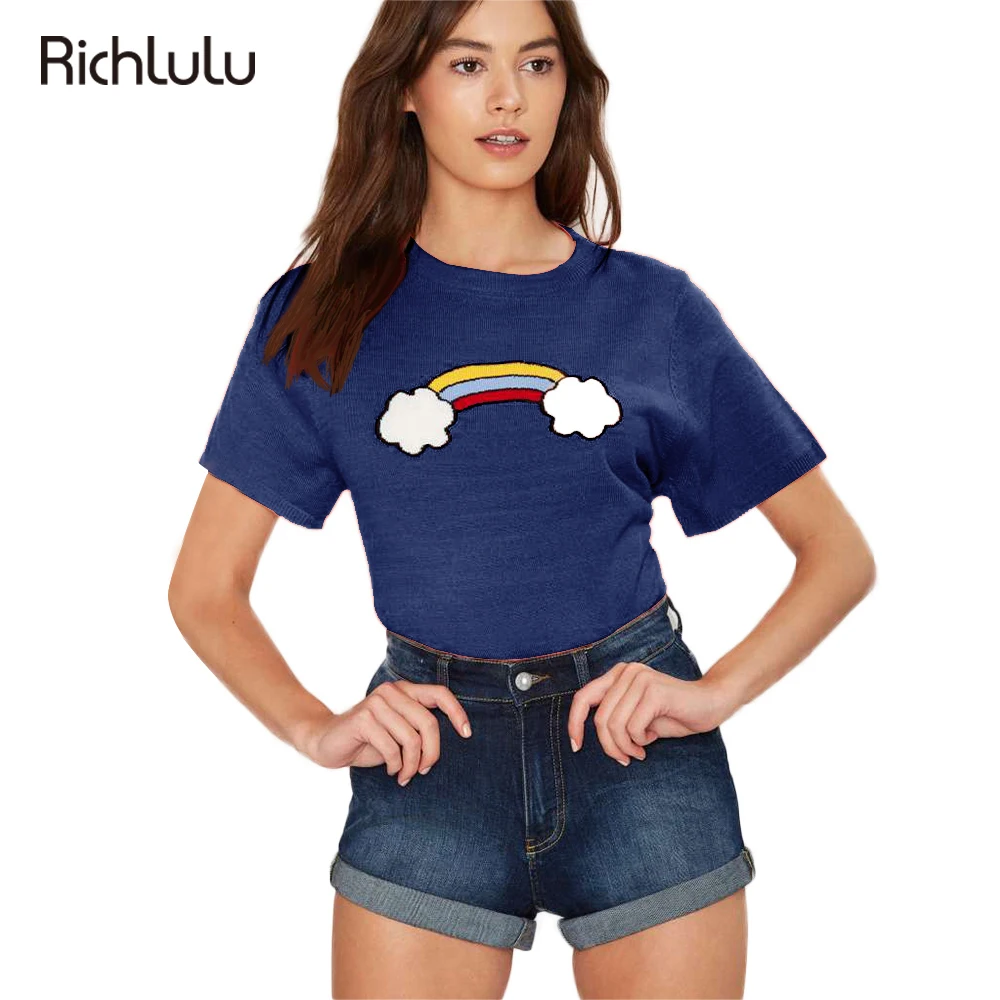 Фото RichLuLu 2017 Solid Blue Rainbow Printed T-shirts Crew Neck Short Sleeve Women Top Tees Casual Ladies T-shirt Женская одежда RichLuLu 2017 Solid Blue Rainbow Printed T-shirts Crew Neck Short Sleeve Women Top Tees Casual Ladies T-shirt Женская одежда