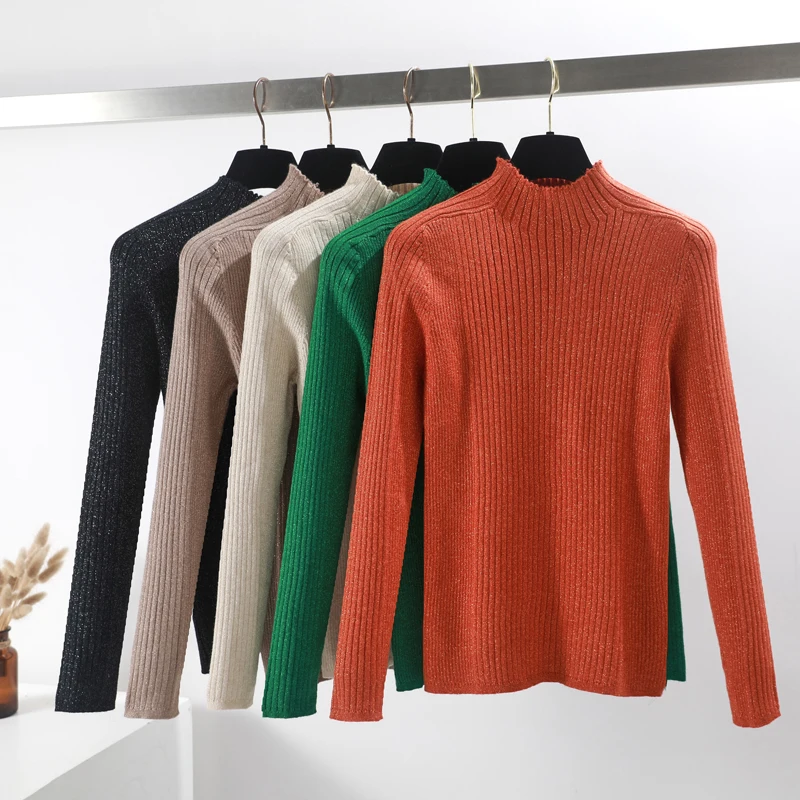 2019 Блестящий вязаный свитер с высоким воротником блестящий женский пуловеры