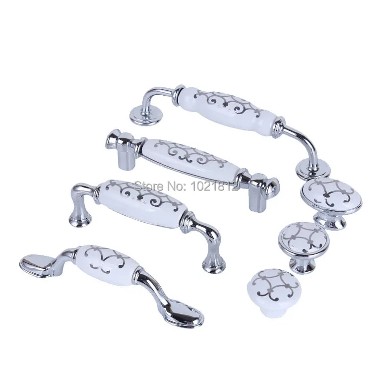 Серебряная Цветочная хромированная керамическая ручка ручки для шкафа комода