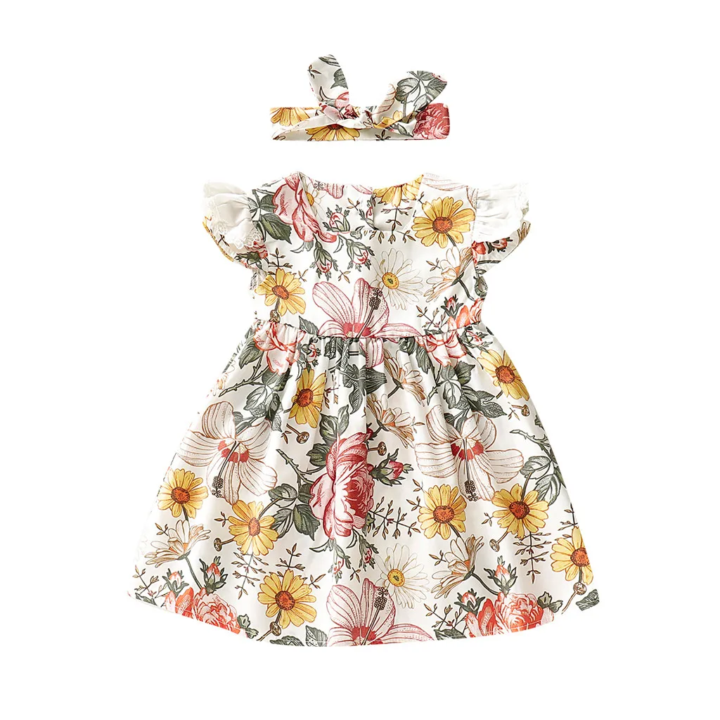 Girls Dress Baby Kids Floral Print Sleeveless+Hairband Party Princess Dresses Clothes Meisjes Jurk Summer Cotton Clothing | Детская