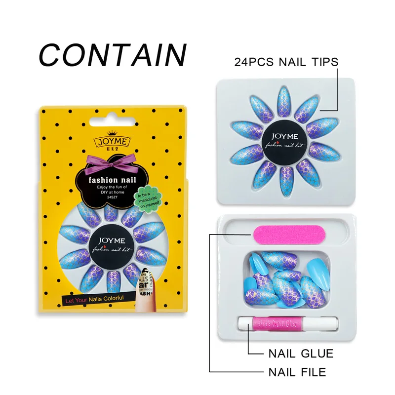 Длинные острые накладные ногти с дизайнами блестящий синий поддельные ногтей