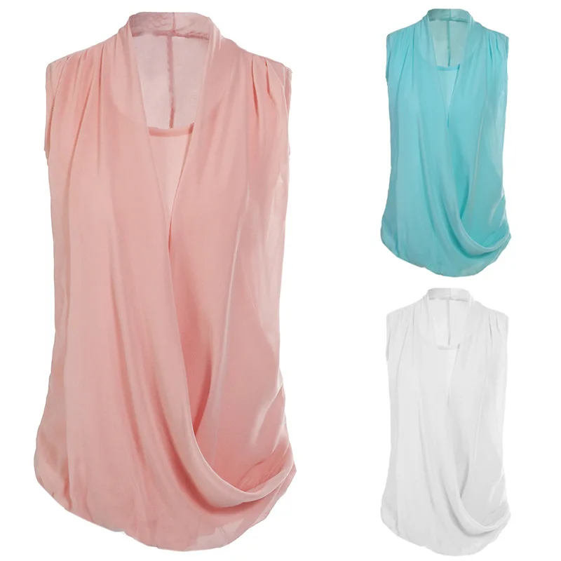 

Summer Women's Chiffon Clothing V collar Sleeveless Stitching Top Streetwear Solid Color White Pink Blue Slimming Shirts