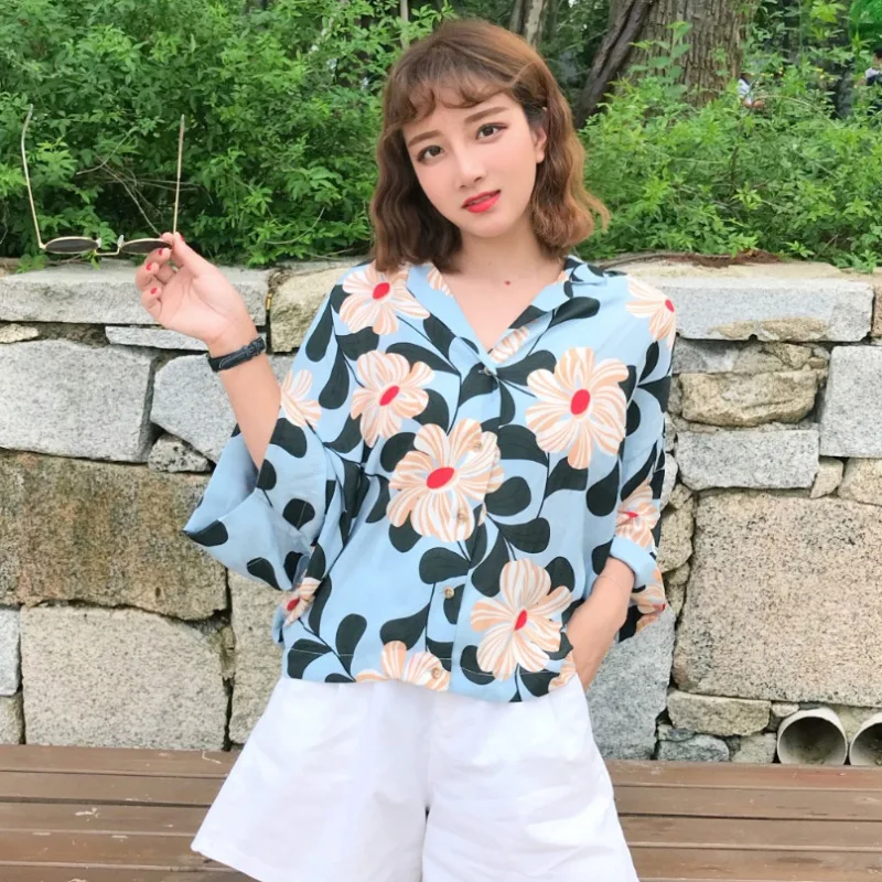Women V-neck Flower Printed Loose Blouses Elegant Ladies Batwing Long Sleeve Fashion Casual Vacation Shirt Clothing |