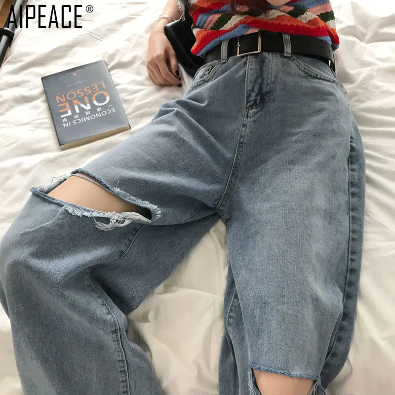 AIPEACE летние женские ковбойские брюки женские модные повседневные однотонные с дырками старые Маленькие ноги брюки женские высокие талии тонкие свободные джинсы