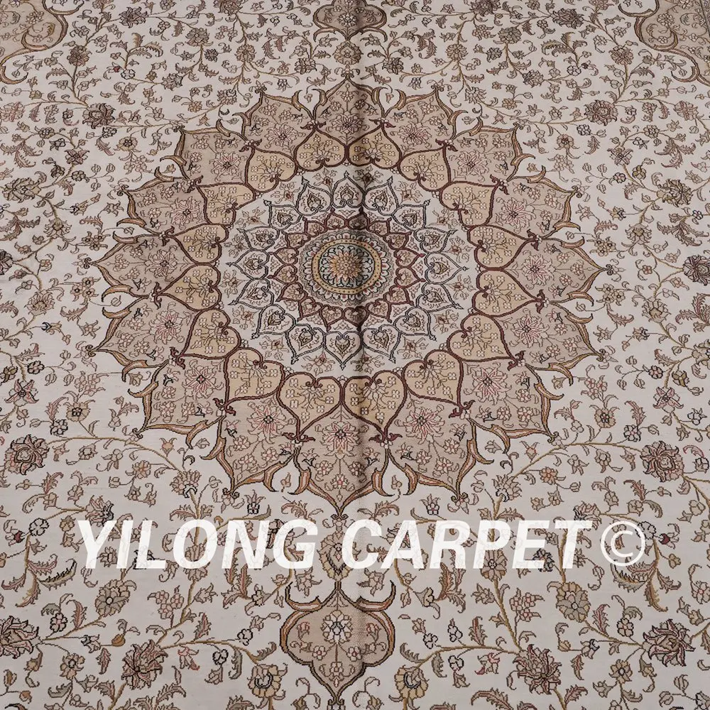 Yilong 9'x12' персидский шелковый ковер бежевый античный турецкий ручной работы