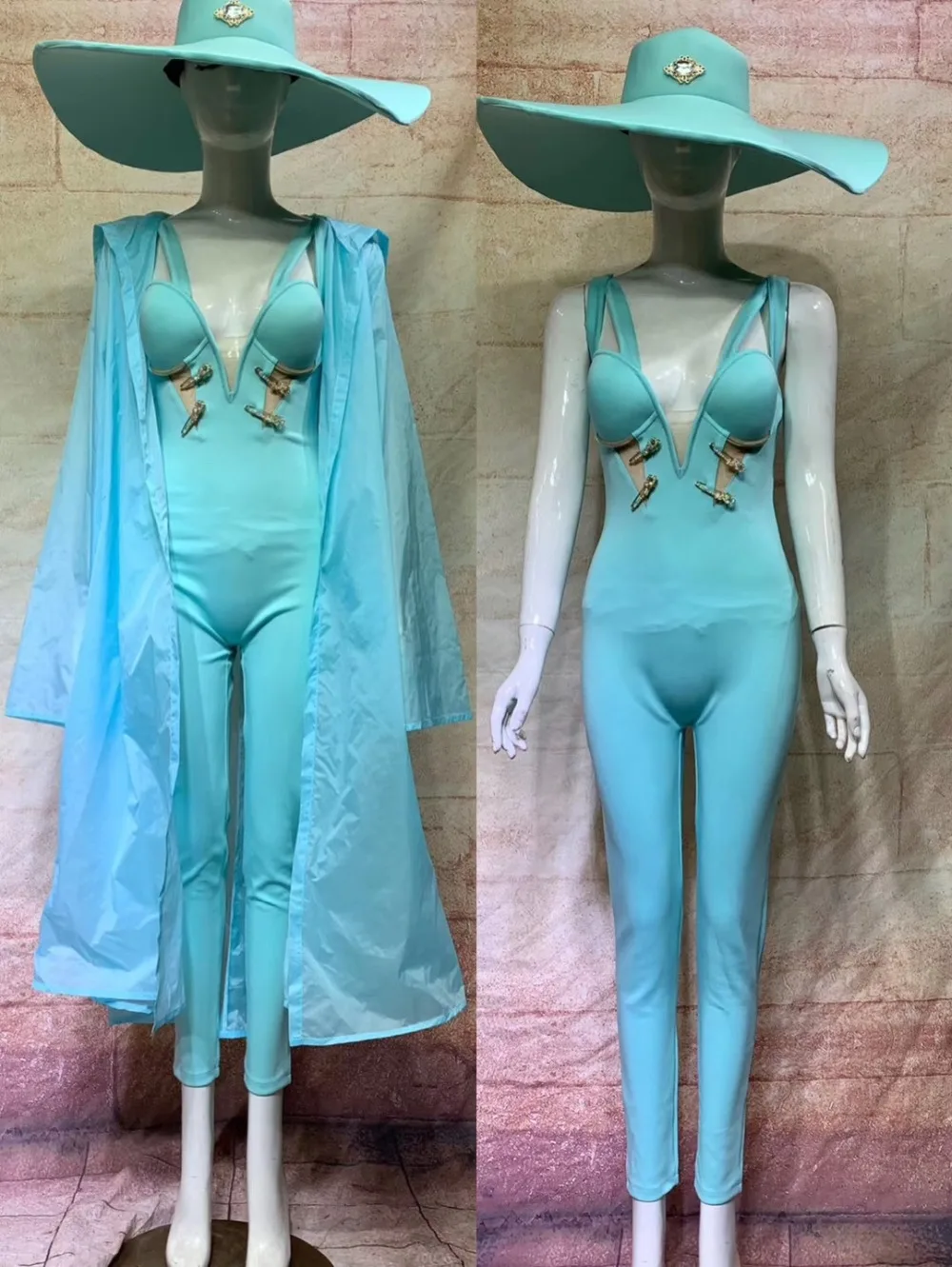 

New Design 6 Colors Sexy Stage Dance Wear Jumpsuit Big Hat Performance Bodysuit Outfit Costume Team Dancer Clothing Set