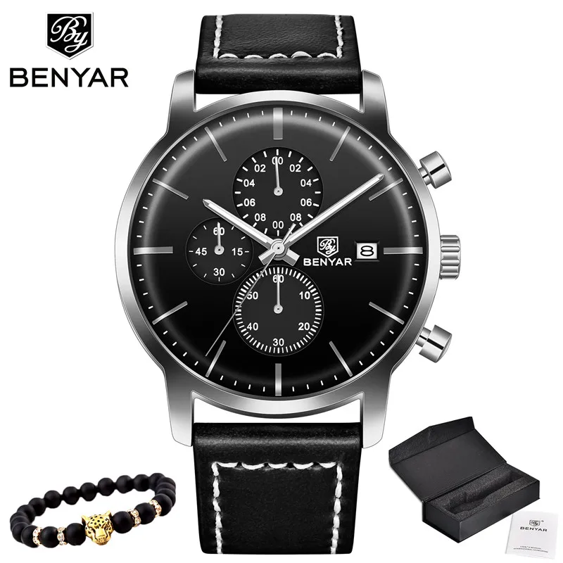 Silver black Новинка, BENYAR, мужские часы, Повседневная мода, хронограф/30 м, водонепроницаемые/спортивные часы, мужские кожаные Наручные часы, мужские s Reloj Hombre - Цвет: Silver black