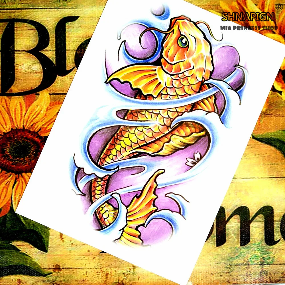 SHNAPIGN ЗОЛОТЫЕ КАРПЫ и Лотос временное искусство тела наклейки для татуировок 21*15