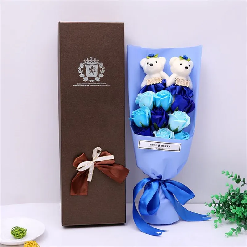 

9 rose soap flower + bear bouquet gift box birthday Valentines Day romantic soap flower high-end gift box for party Diy decor