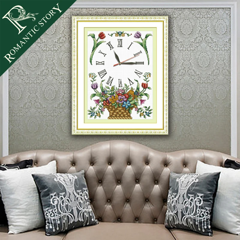 

Romantic Story Flower Basket Flower Clock Face Cross Stitch Print Canvas Wall Colok DIY Handmade Needlework Living Room Mural