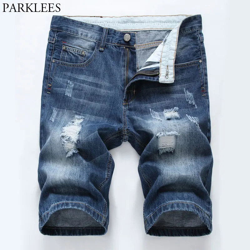 

New Men's Fashion Ripped Shorts Jeans 2018 Summer Casual Wash Cotton Straight Denim Shorts Mens Knee Length Bermuda Masculina 40