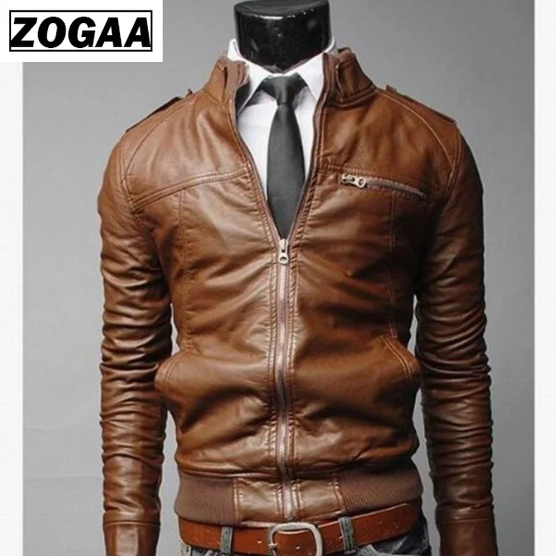 Куртка мужская кожаная приталенная с воротником-стойкой мотоциклетный пиджак