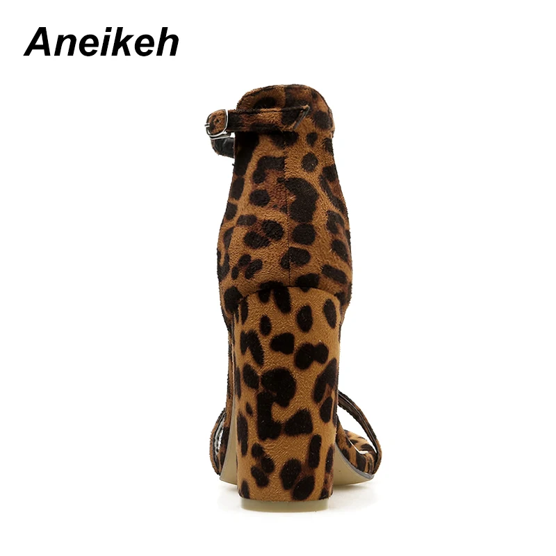Aneikeh/; сандалии-гладиаторы с леопардовым принтом; Модные женские босоножки; туфли на высоком каблуке с открытым носком и ремешком на щиколотке; туфли-лодочки черного цвета; Размеры 35-40