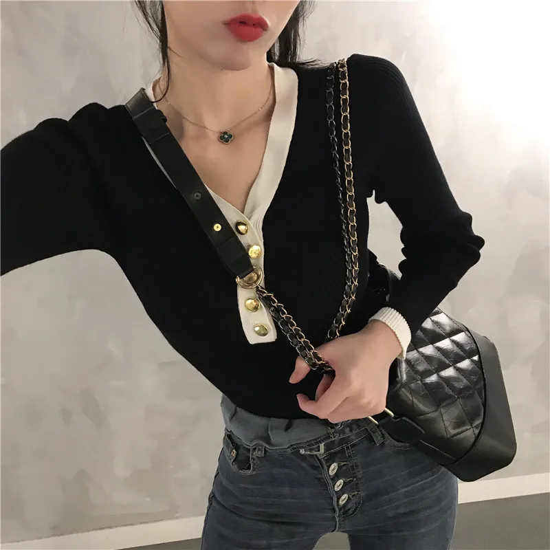 

Pullovers Women V-Neck Simple Slim Korean Style Retro Trendy Single Breasted Ladies Striped Womens All-match Long Sleeve Lovely