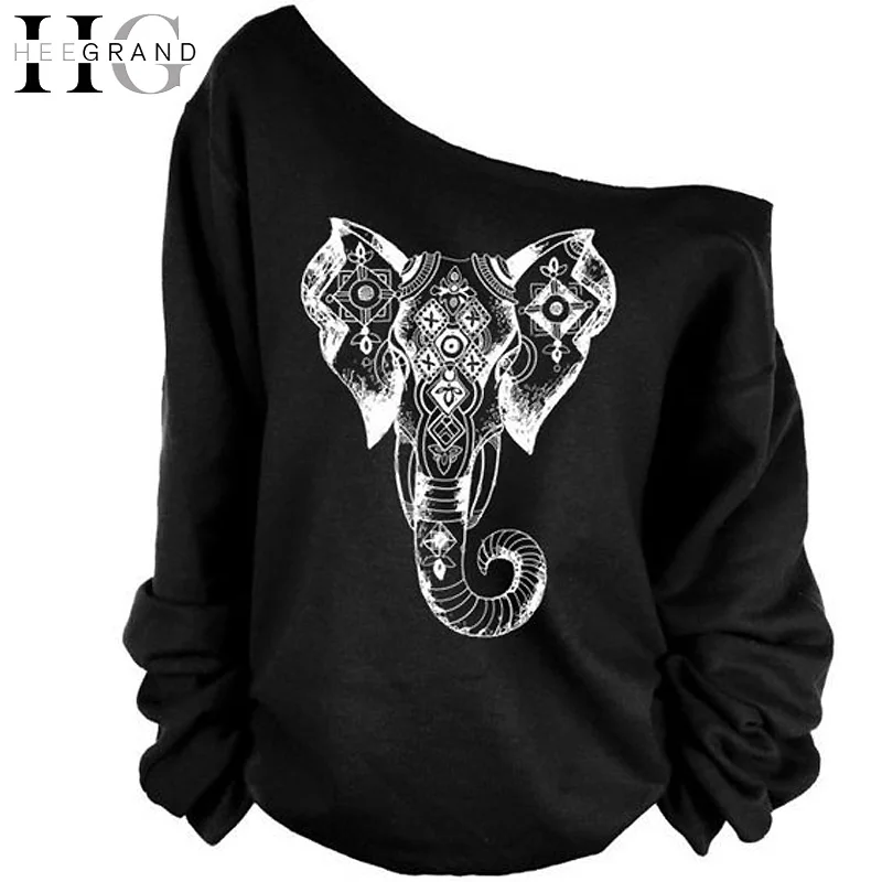 HEE GRAND/женская черная толстовка с начесом и принтом слона длинным рукавом