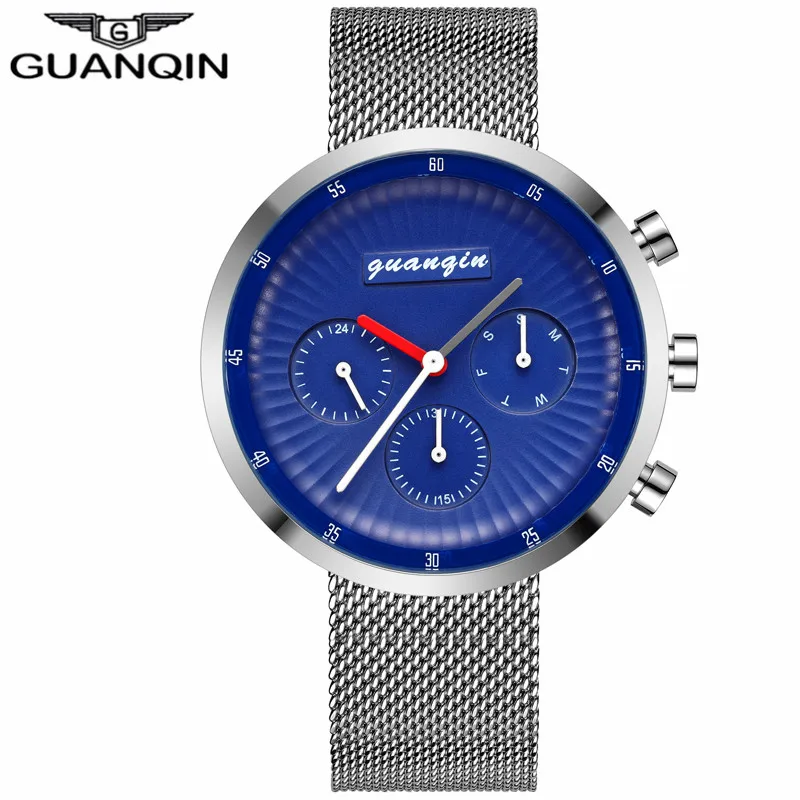 Silver Blue GUANQIN лучший бренд роскошные часы Для мужчин Бизнес сетка ремень часы Человек Спорт Полный Сталь кварцевые наручные часы Relogio Masculino - Цвет: Silver Blue