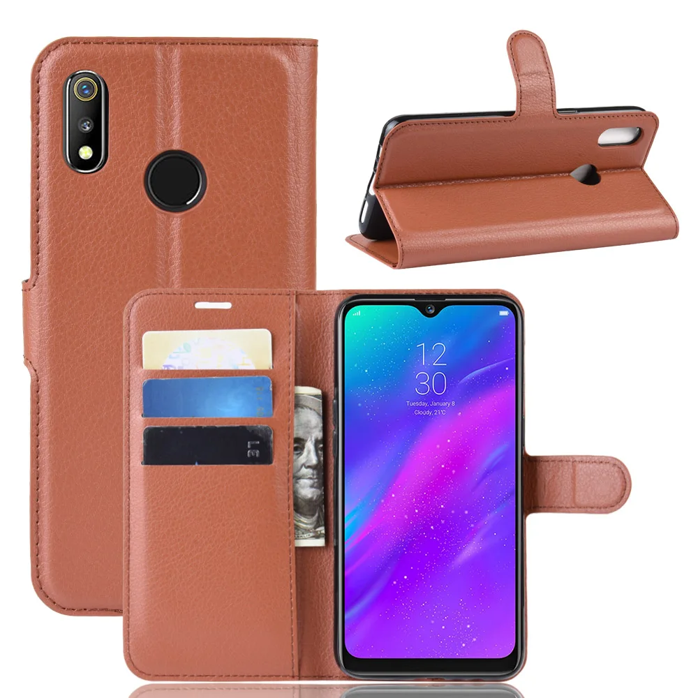 Чехол книжка из искусственной кожи с зернистой фактурой для OPPO Realme 3 Lychee 10