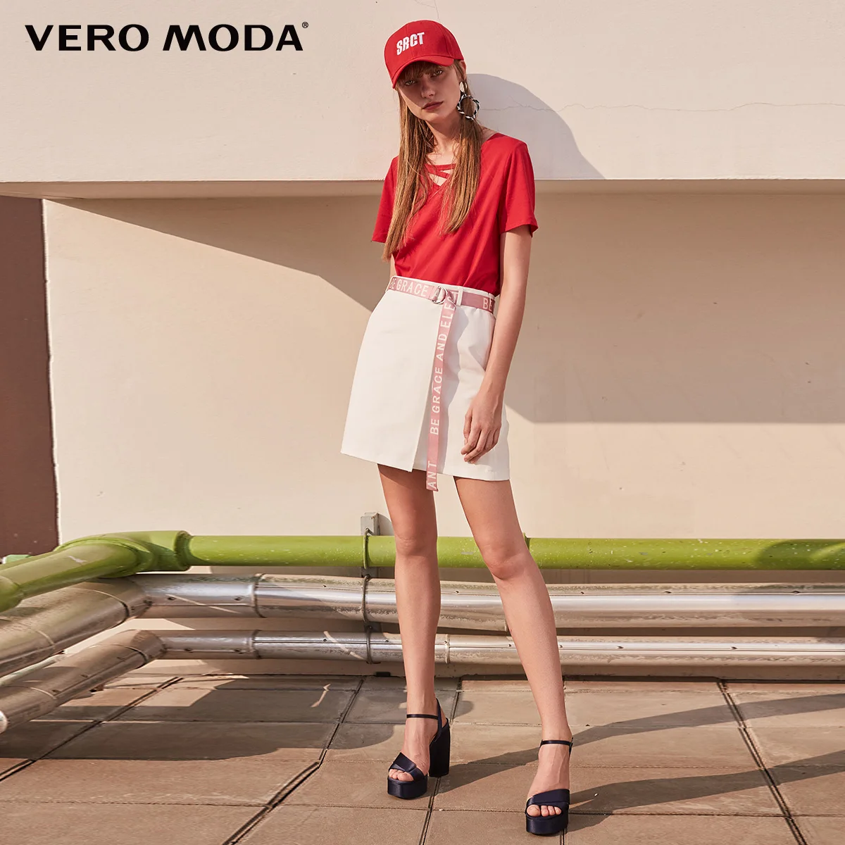 Vero Moda футболка женская 100% хлопок чистый цвет воротник Декоративная полоса