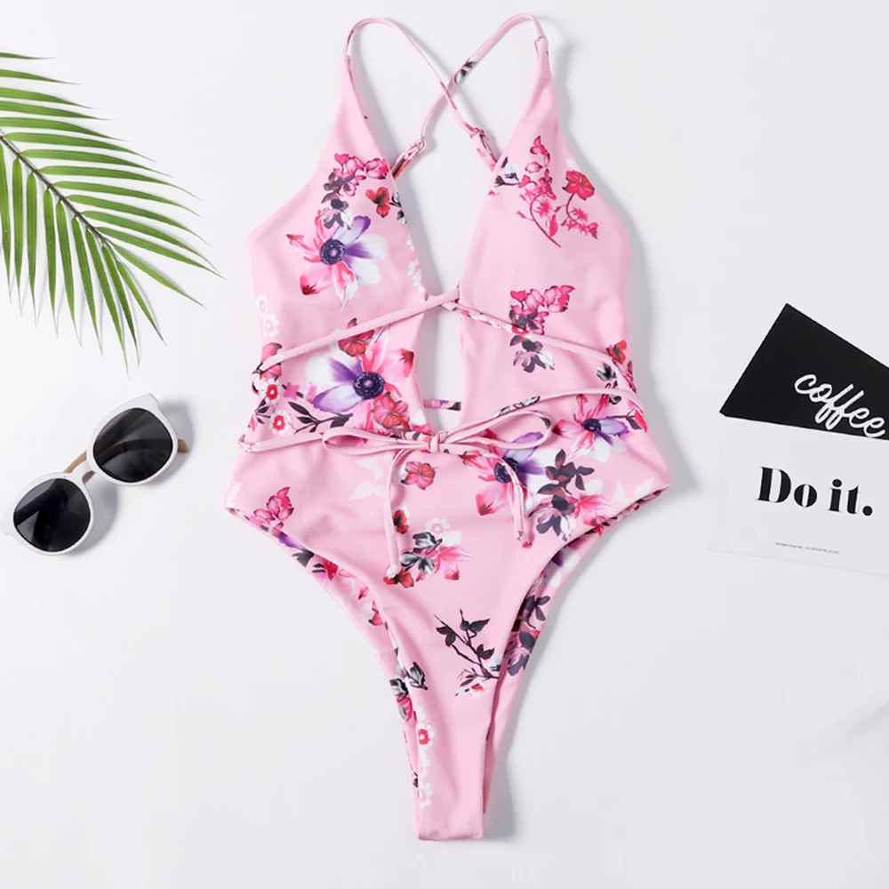 Exclusive Design Sexy Floral Print Swimsuit Women Bandage Backless One Piece Halter Top Beachwear Swimwear Bathing Suit |