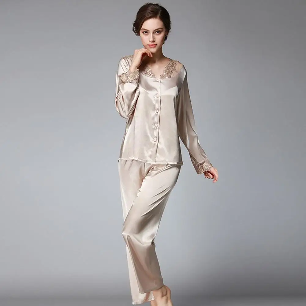 Женский Шелковый Пижамный костюм на пуговицах однотонная атласная кружевная