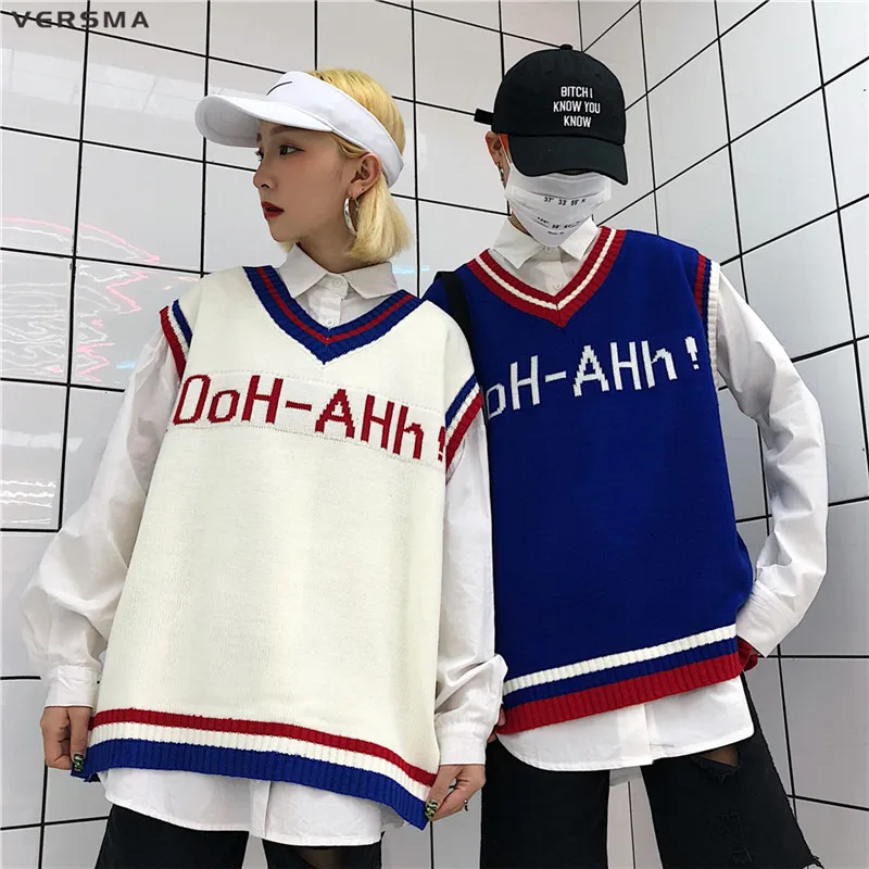 VERSMA корейский Harajuku Instagram BF письмо мужские трикотажные жилеты V образным вырезом негабаритных без рукавов свитер мужской жилет пуловер