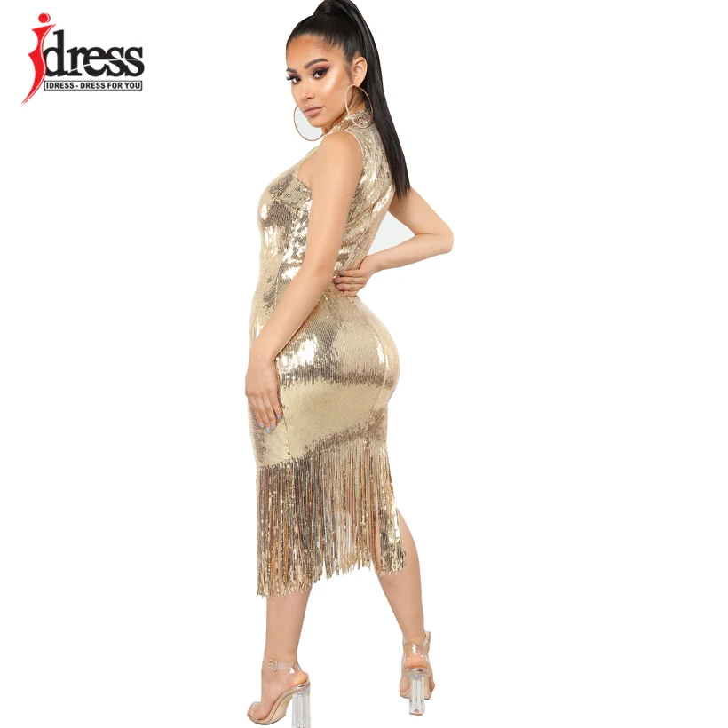 Сексуальное облегающее платье с высоким воротом без рукавов от IDress, женские платья с бахромой и Ремешками до середины икры золотистого и черного цвета, вечерние платья с блестками для ночного клуба